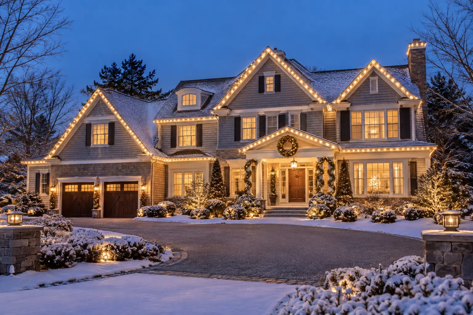 New England home with professionally integrated warm-white Christmas lighting