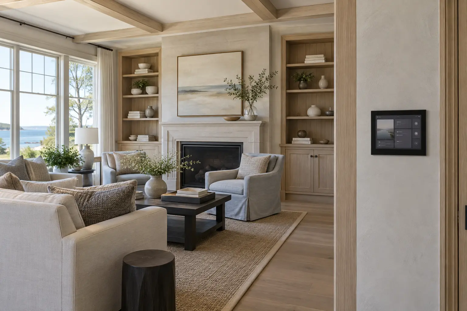 Smart home control panel professionally mounted in a finished luxury living room