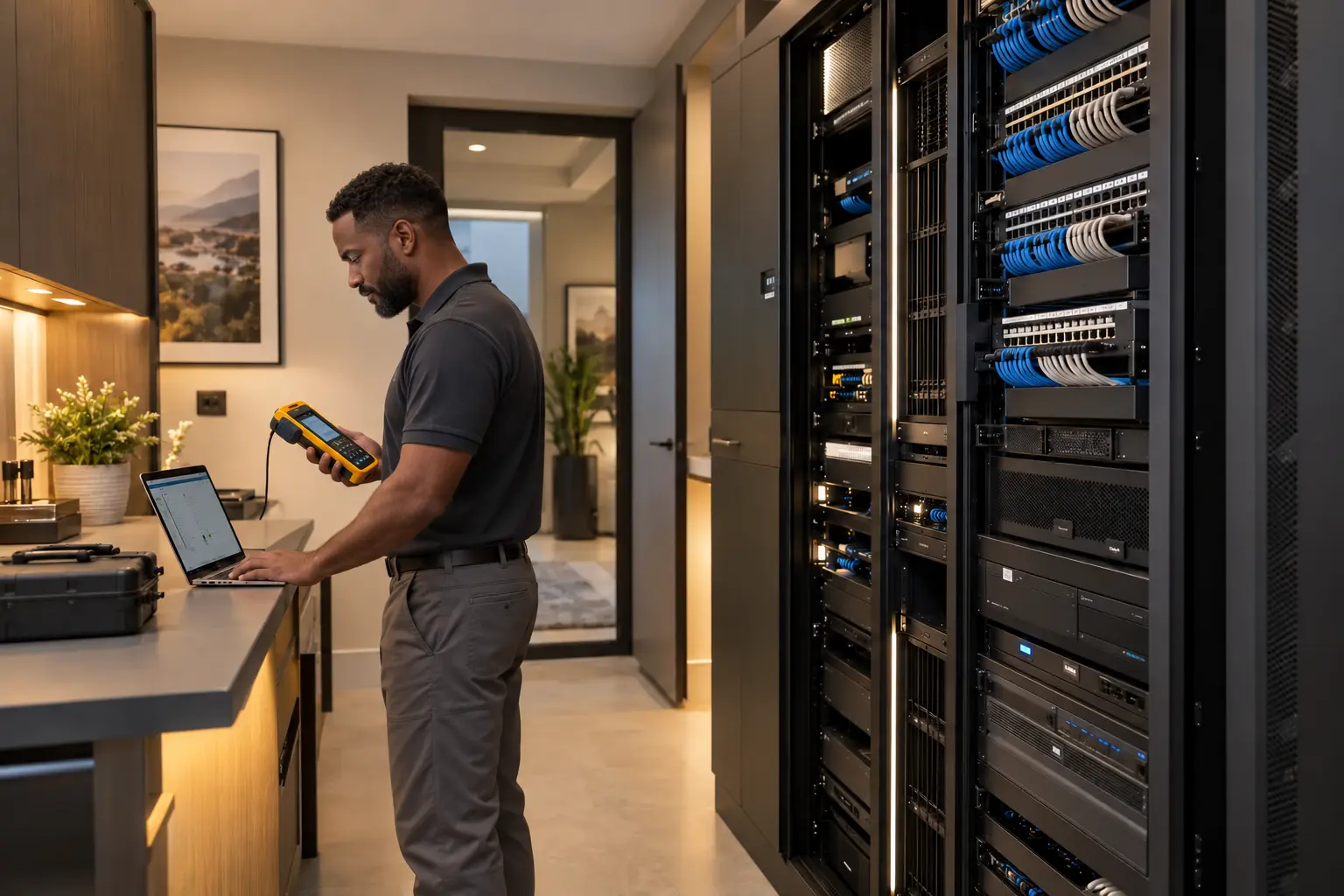 Professional commissioning a finished residential network and AV equipment room