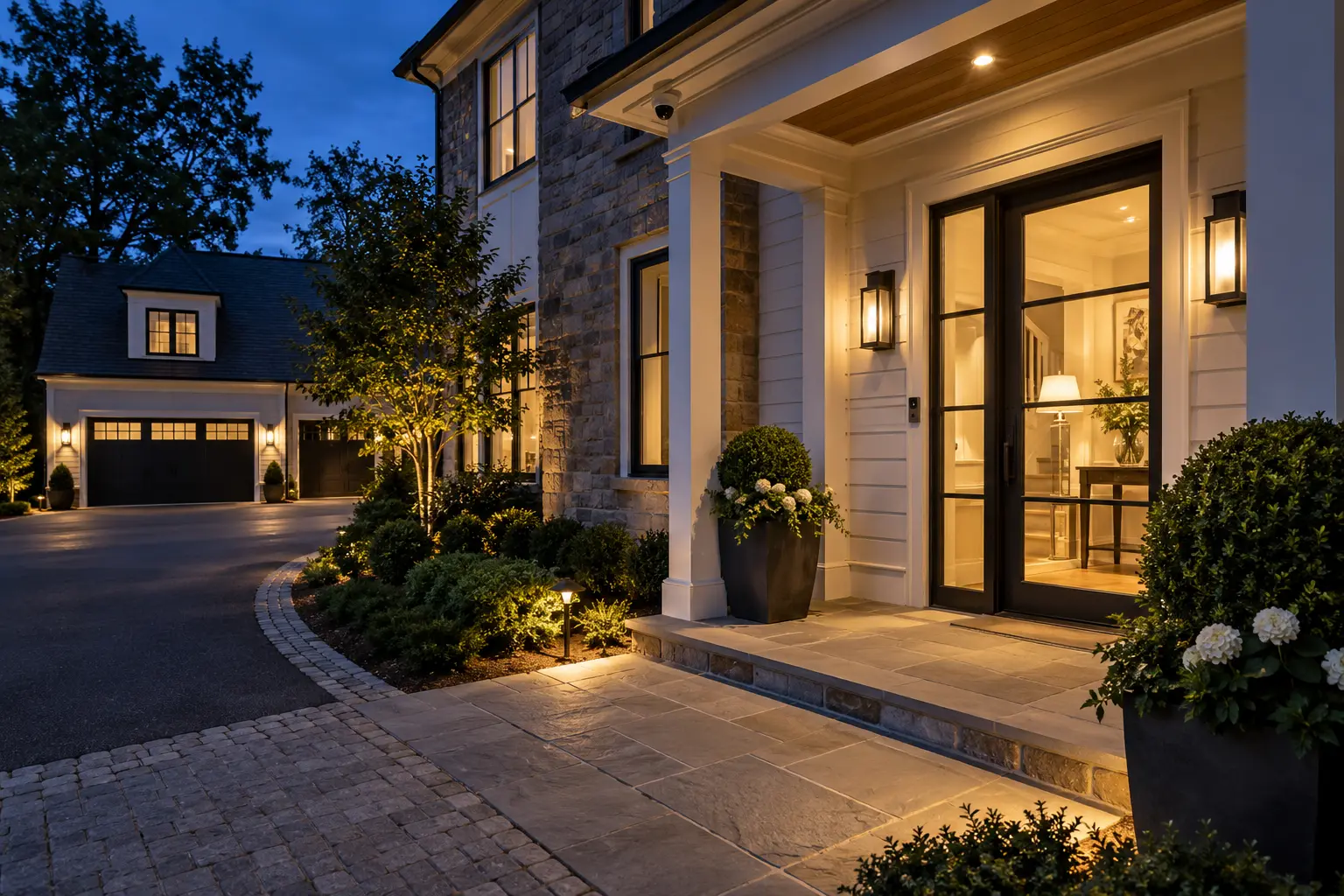 Discreet smart security devices integrated into a luxury home entrance