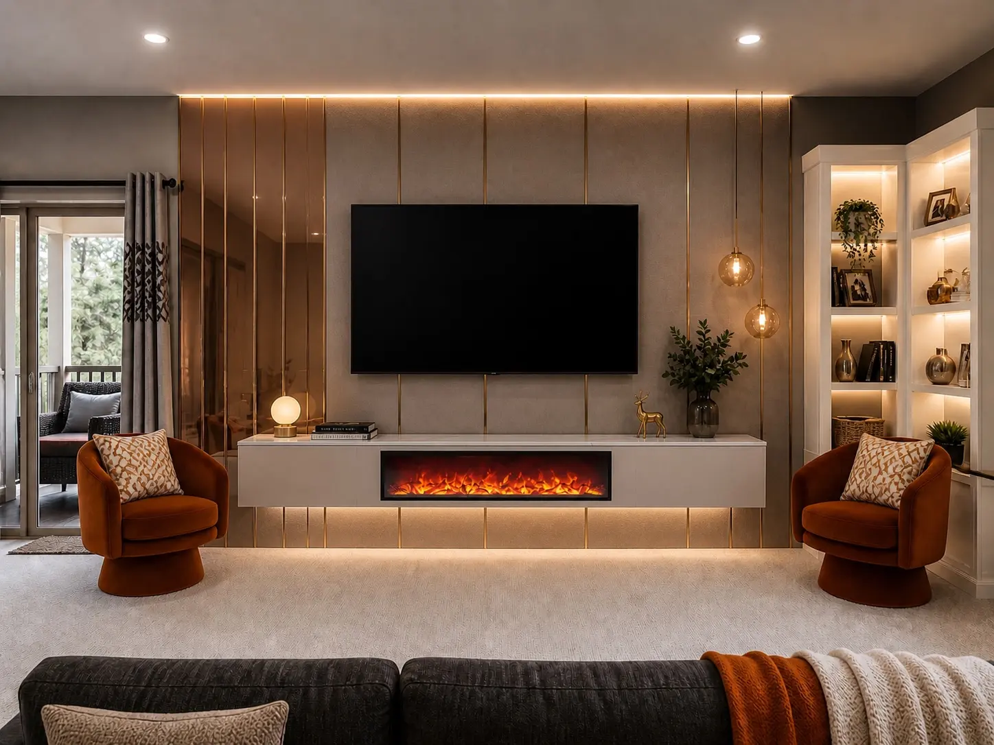 Warrior AV completed custom media wall with integrated display, fireplace and architectural lighting